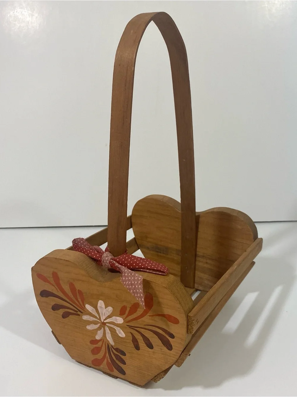 Vintage Brown Wood Handled Decorative Basket with Painted Floral Motif